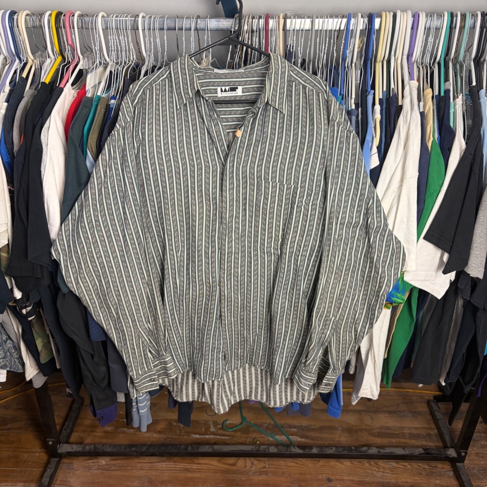 Wilke Rodriguez Mens XL Striped Button Down Shirt Cotton Long Sleeve Grey Teal